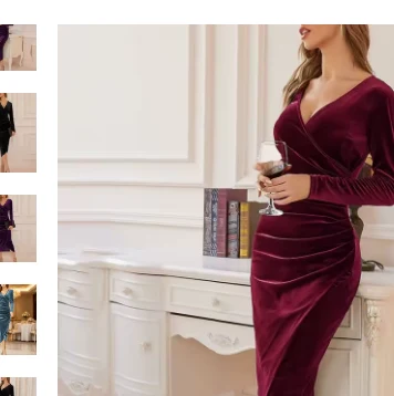 Model wearing a burgundy velvet long-sleeve wrap V-neck midi dress