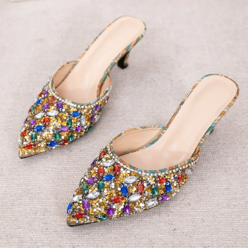Gemstone Rhinestone Kitten-Heel Mules