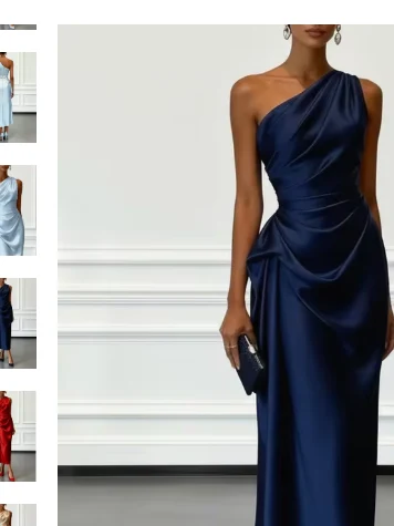 Model wearing a navy one-shoulder satin ruched midi dress