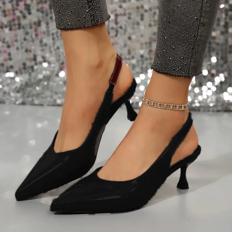 Black Patent Buckle-Strap Slingback Pumps