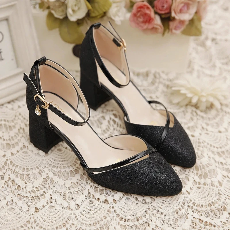 Black Silver Glitter Block-Heel Sandals