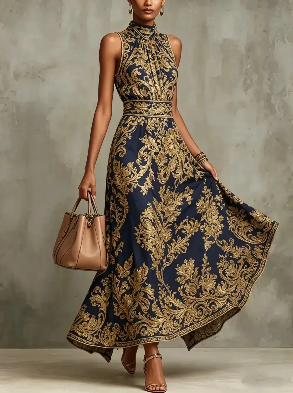 Navy and gold embroidered maxi dress