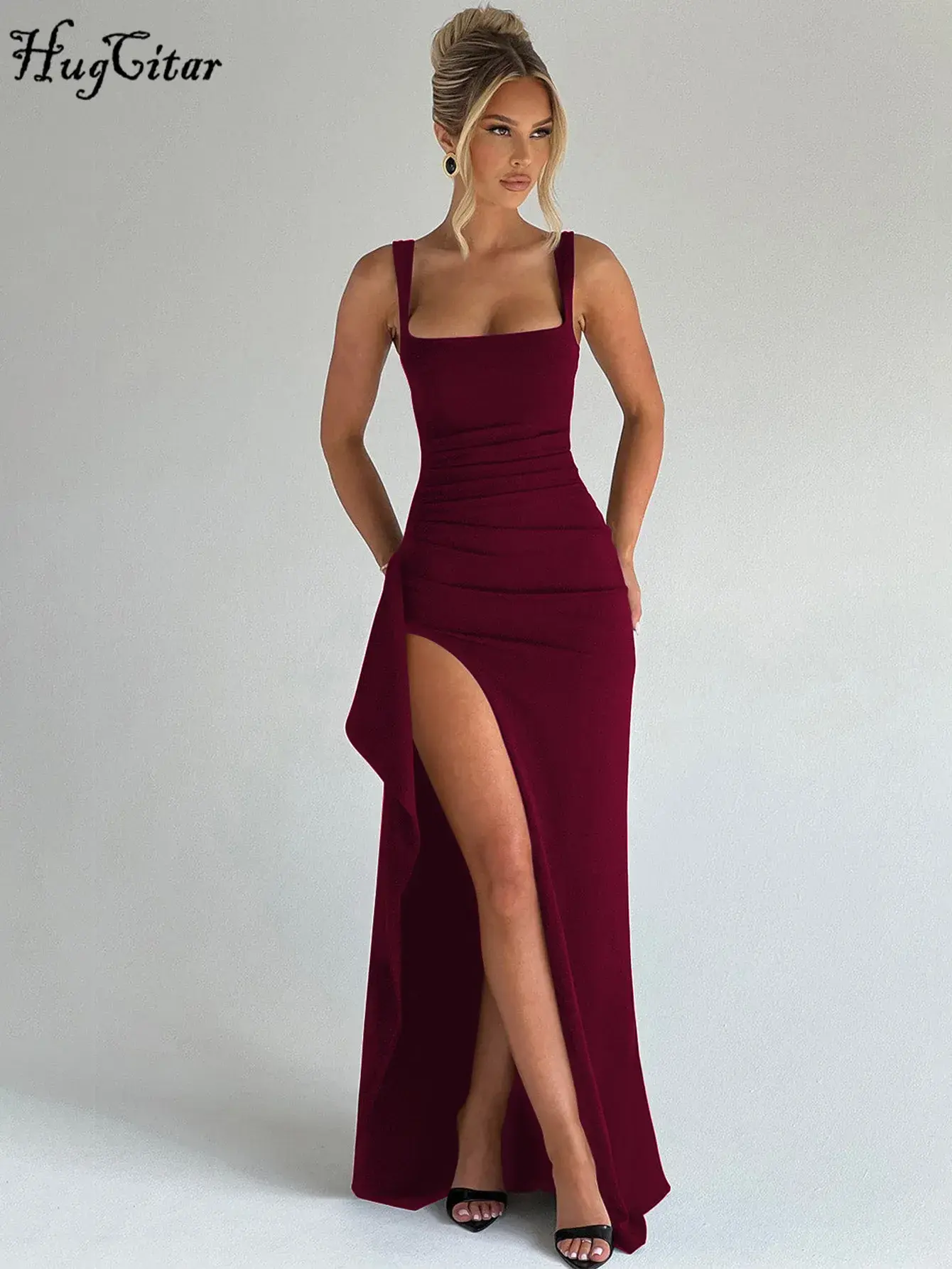 Burgundy ruched Slit Bodycon Maxi dress